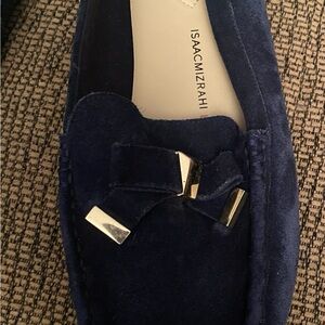 Isaac Mizrahi Blue Suede Loafers with Gold Accents